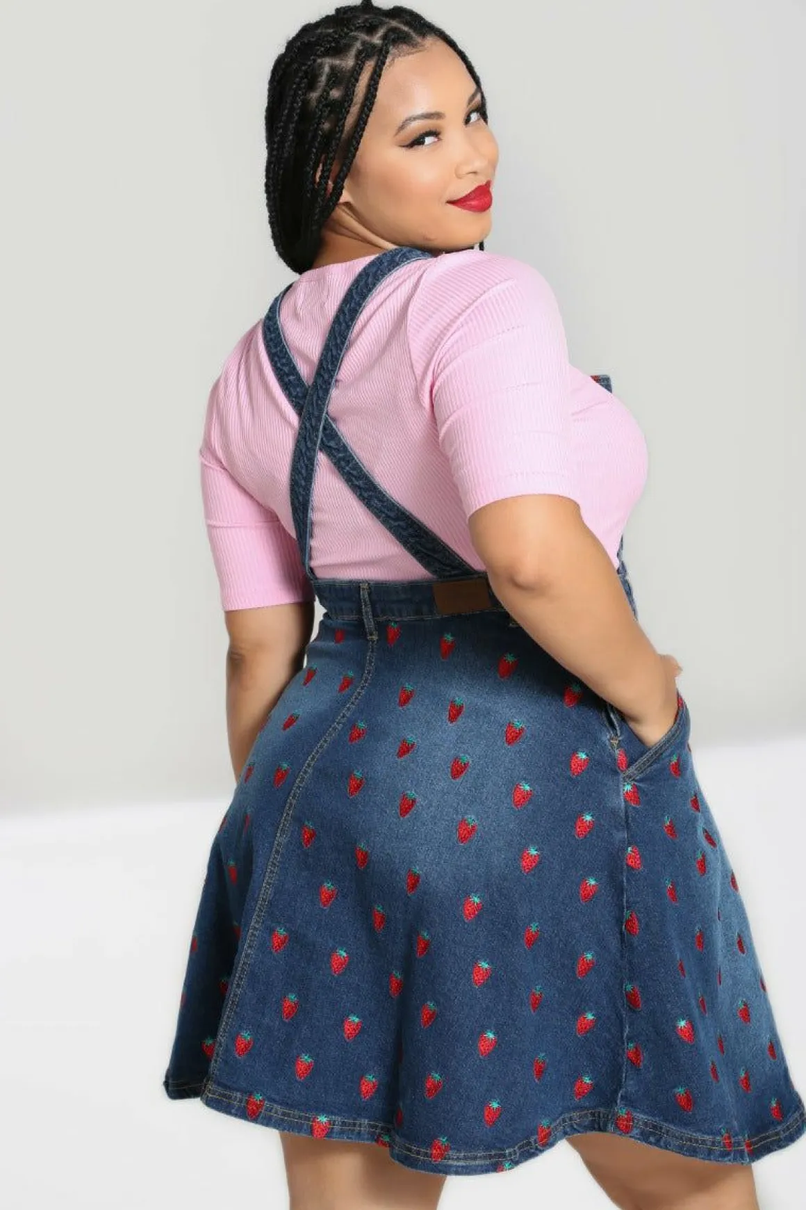 Strawberry Denim Pinafore Dress