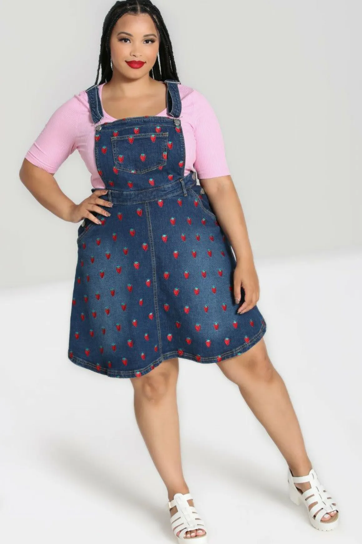 Strawberry Denim Pinafore Dress